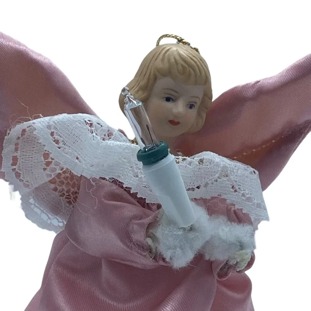 Vtg Lighted Mini Angel Tree Topper Christmas Pink Satin Dress Lace Trim 5” Plug‎
